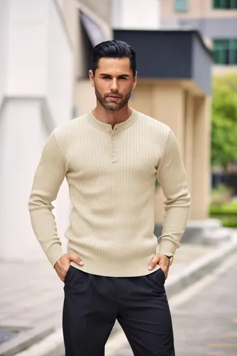 Vista 41 de COOFANDY Suéter de punto Henley para hombre, manga larga, con botones, ligero, para otoño, ajustado, acanalado