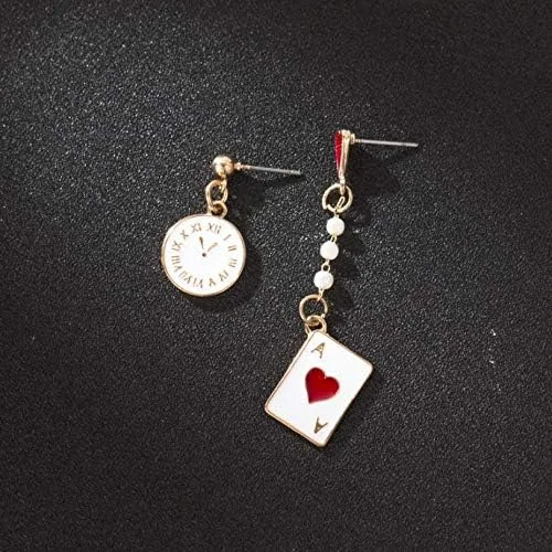 Vista 6 de Pendientes de reina de corazón rojo con corazón para mujeres y niñas, aretes colgantes de póquer asimétricos de reloj largo para póquer y accesorios