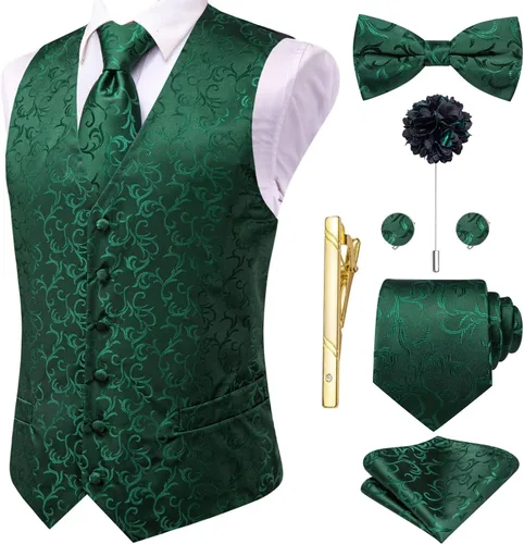 Vista 37 de Hi-Tie Chaleco de traje de seda para hombre, corbata y corbatín de solapa, clip de corbata dorado, chaleco floral de cachemira, 8 piezas, conjunto