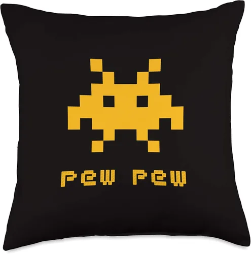 Vista 5 de Geeks and Gamers Alien Invaders Pew Space - Almohada de regalo de videojuegos retro de 8 bits, 15.7 x 15.7 in, multicolor