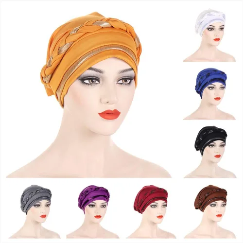 Vista 2 de Turbante para mujer Pañuelo de cabeza trenzado brillante sedoso trenzado para quimioterapia para la cabeza de cáncer