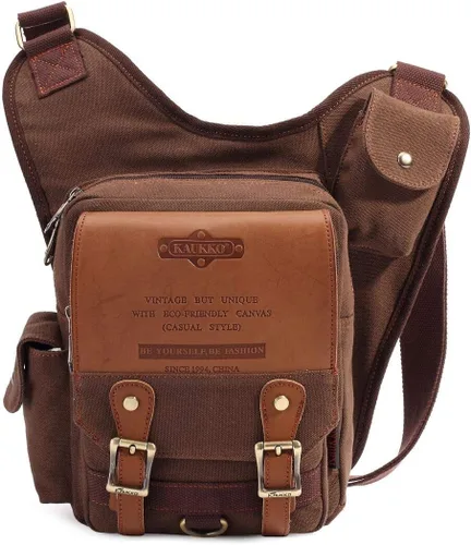 Vista 9 de Bolso de mensajero de lona vintage para hombre, bolso de mensajero de retazos de cuero en el pecho