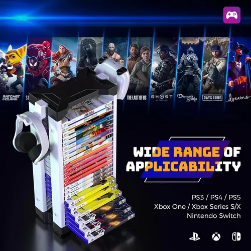 Vista 2 de Allnice Game Storage Tower Multifunction Video Game Shelf for 24 game Disk, 2 Headsets Controllers Holder Compatible with PS3PS4PS5 Nintendo