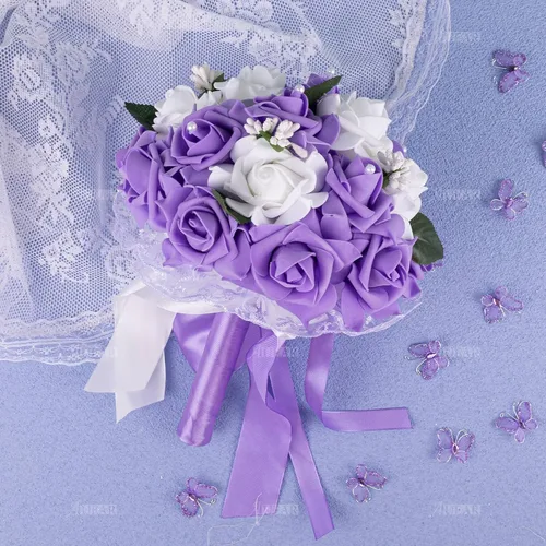 Vista 4 de AUEAR, Ramos de novia de flores para dama de honor, perla de seda, rosa artificial para fiesta de novia e iglesia (morado)