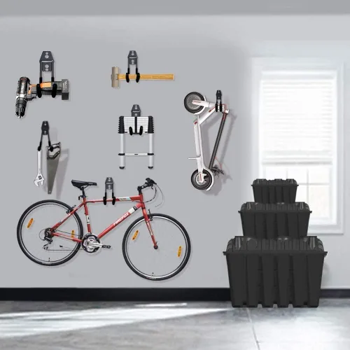 Vista 5 de SMARTOLOGY Ganchos de garaje, paquete de 12 ganchos de almacenamiento de pared, incluye 2 soportes para cables de extensión, organización