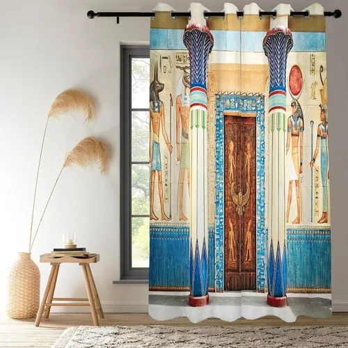 Vista 2 de Renaiss Cortinas egipcias, mural egipcio antiguo, figura mitológica histórica, pirámide, tratamiento de ventana, 45 pulgadas de alto x 29 pulgadas