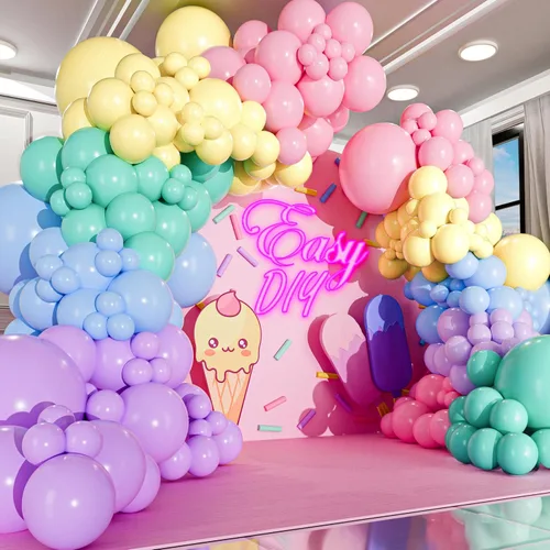 Vista 5 de Kit de arco de globos pastel todo en 1 para decoraciones de fiesta pastel – Globos de fiesta arcoíris de primavera de Pascua para cumpleaños