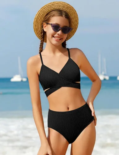 Vista 3 de Conjunto de bikini para niñas, traje de baño de dos piezas, traje de baño cruzado para niñas