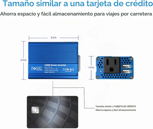 Vista 4 de Inversor de potencia para automóvil de Foval, de 12 V CC a 110 V AC, con cargador USB doble, Azul