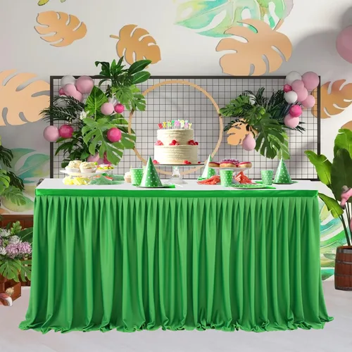 Vista 20 de Falda de mesa beige para mesas rectangulares, falda de escritorio de 6 pies para el escritorio del profesor, aula, volantes, tela de poliéster