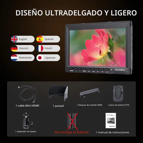 Vista 7 de FEELWORLD FW759 7 pulgadas Cámara DSLR Monitor de campo HD Asistencia de vídeo Slim IPS 1280x800 4K HDMI 1080p con sombrilla