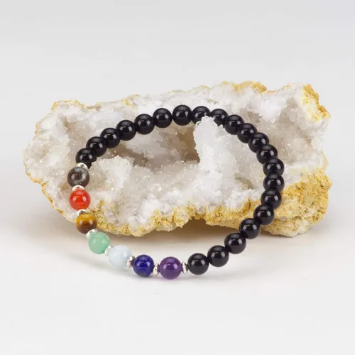 Vista 2 de Cherry Tree Collection Pulsera elástica de chakras con piedras preciosas auténticas naturales Cuentas de 0.236in, espaciadores de plata de ley