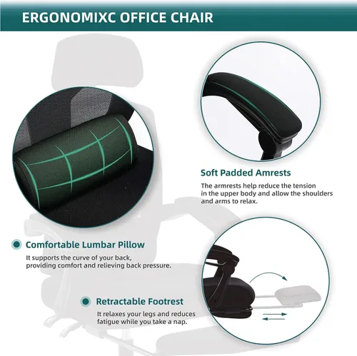 Vista 8 de Silla ergonómica de oficina, silla de escritorio de malla con respaldo alto para computadora con soporte lumbar y ruedas, silla giratoria ajustable