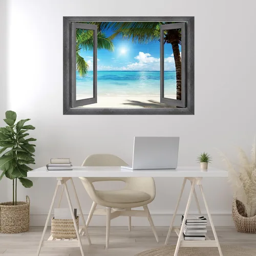 Vista 28 de wall26 Adhesivo decorativo para pared, loros verdes sentados en la rama afuera, ventana abierta, no se pega ni se pega, papel tapiz no tejido
