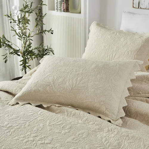 Vista 3 de Brandream - Juego de edredones beige, tamaño Queen y King, juego de ropa de cama de estilo rústico, algodón, colcha acolchada con borde festoneado