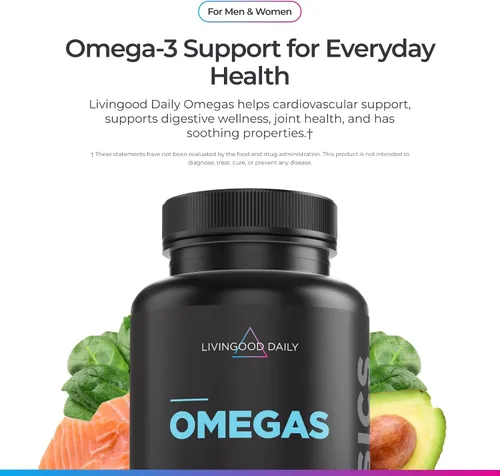 Vista 2 de Livingood Daily Suplemento Omega 3 de aceite de pescado, EPA y Dha de pescado capturado silvestre, ácidos grasos Omega 3 para la salud del corazón