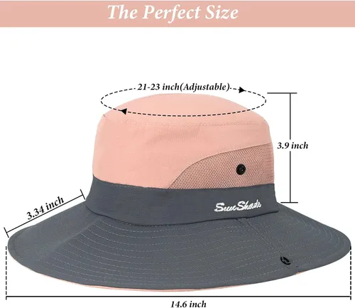 Vista 44 de Sombrero de pesca de playa de ala ancha para mujer, con protección UV, plegable, con agujero para cola de caballo