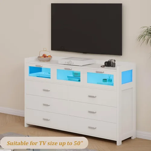 Vista 6 de Whalefall Cómoda blanca para dormitorio con 9 cajones, cómoda con luces LED y estación de carga, cómoda moderna con 3 cajones visuales, cómoda LED