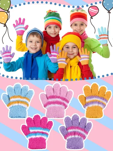 Vista 6 de SATINIOR 5 pares de guantes de dedos completos para niños, guantes de punto cálidos guantes de invierno para niños pequeños y niñas, suministros
