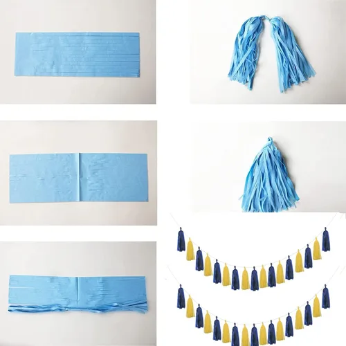 Vista 4 de 20 guirnaldas de borlas azules y amarillas para decoraciones de fiesta