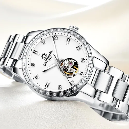 Vista 30 de Carnival Reloj de mujer con esqueleto mecánico automático, cristal de zafiro sintético, oro rosa, acero inoxidable, impermeable, color blanco