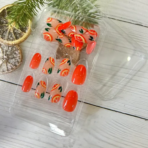 Vista 5 de Uñas postizas cortas ovaladas de verano, uñas postizas acrílicas artificiales con diseño de frutas, cobertura completa, reutilizables