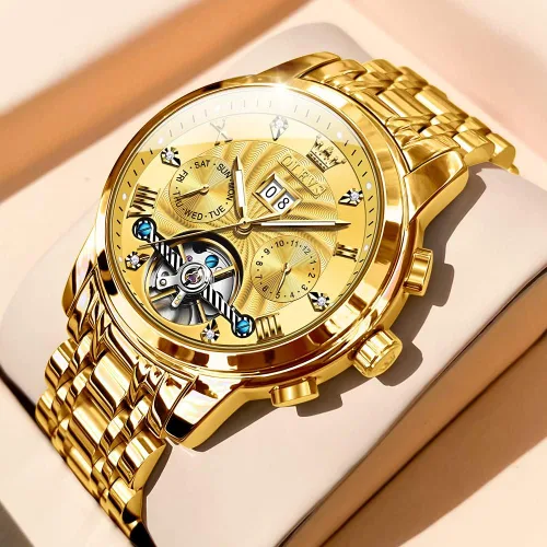 Vista 6 de OLEVS - Reloj automático para hombre con diseño de esqueleto de 5 manecillas clásico de lujo multicalendario de acero inoxidable impermeable