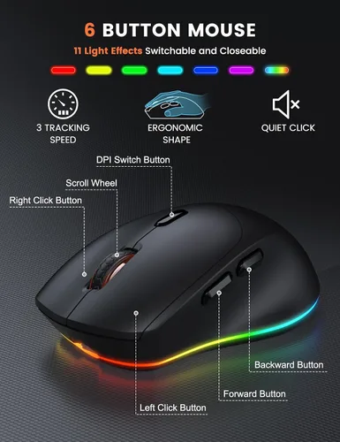 Vista 6 de Combo de teclado y mouse inalámbricos SABLUTE - 9 efectos retroiluminados, 2.4 GHz Ergo Wrist Rest, Phone Holder, Full Size, Rechargeable, Sleep