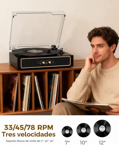 Vista 3 de Tocadiscos de vinilo retro con altavoces, control de graves/agudos
