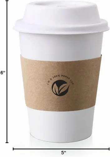 Vista 8 de KTOB [paquete de 50] Tazas de café compostables de 12 onzas con tapas y mangas kraft, combo de tazas de papel blanco desechables ecológicas