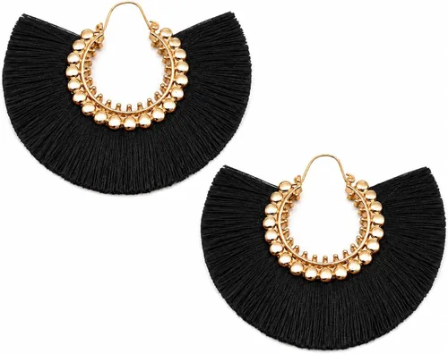 Vista 31 de Aretes de aro con borla, aretes colgantes de hilo de declaración, elegantes aretes largos con flecos, ligeros, largos y con gancho francés, para un