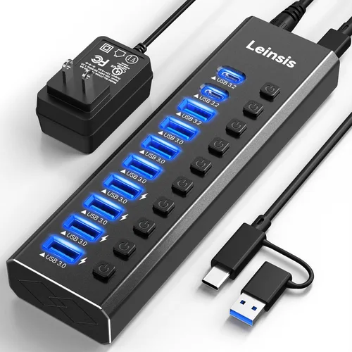 Vista 8 de Hub USB alimentado 3.0, Leinsis Hub USB 3.0 de 10 puertos [aluminio duradero] 10 puertos de transferencia de datos + 4 puertos de carga inteligente