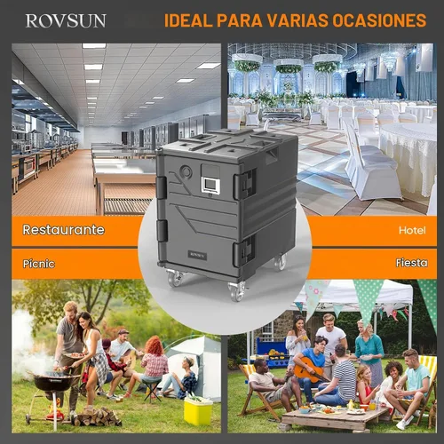 Vista 7 de ROVSUN Caja Calentadora de Alimentos, Porta Comida Aislada con Ruedas Bloqueables Dobles Hebilla y Asas, Cajas Calientes Apilables para Restaurante