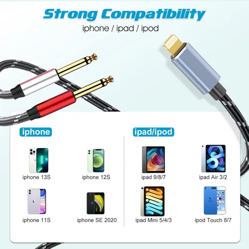 Vista 4 de Lightning a Dual 0.250 in 1/4" TS Mono Stereo Y-Cable Divisor Lightning a Cable de audio dual de 1/4 de pulgada compatible