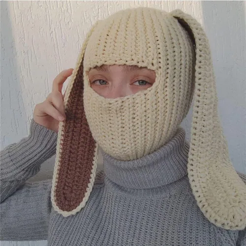 Vista 4 de Gorro de punto Y2k con cuerno de diablo y oreja de conejo largo, máscara de esquí, pasamontañas, accesorios para grunge