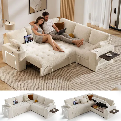 Vista 24 de Vipbear Sofá cama modular de 111 pulgadas con cama extraíble, sofá en forma de L de felpilla de 7 asientos con diván de almacenamiento, puertos USB