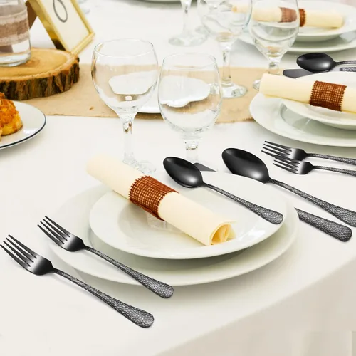 Vista 9 de Juego de 8 cubiertos martillados negros de acero inoxidable, vintage, 40 piezas, incluye cuchillo, tenedor, cuchara, peso adecuado para fiestas