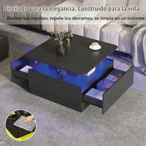 Vista 4 de HedoAjim Mesas de centro cuadradas con almacenamiento, mesa de centro moderna para sala de estar, mesas de centro redondas negras y 2 cajones Negro