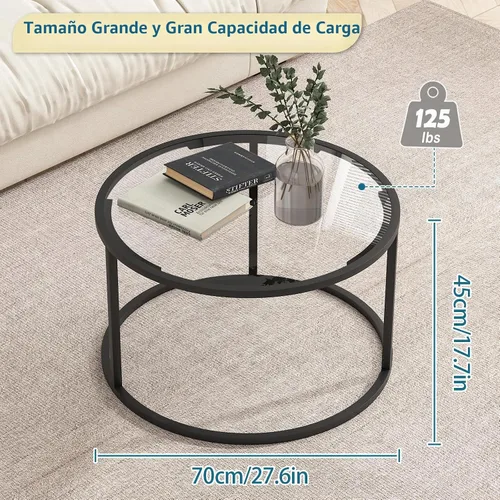 Vista 2 de Mesa de café redonda, pequeña mesa de café negra para sala de estar, mesa central moderna de 27" con tapa de vidrio transparente y marco de metal