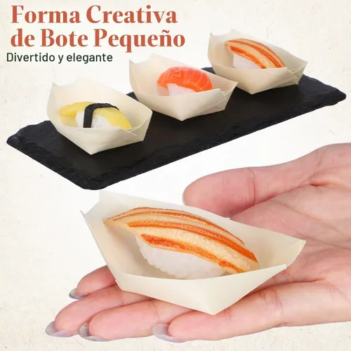 Vista 5 de Hemoton Platos de madera desechables de bambú para barcos de madera, mini sushi, bandeja para servir sushi, bandeja para servir sushi con hojas