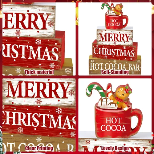 Vista 3 de 4 piezas de decoración de mesa de madera de Navidad rústica de cacao caliente, letrero de bloque de madera de cacao caliente, centro de mesa