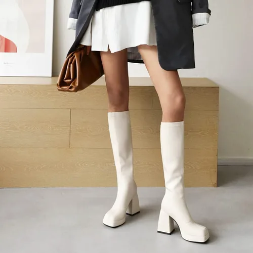 Vista 4 de SO SIMPOK Botas altas de tacón grueso para mujer, con punta cuadrada, botas góticas, botas de combate para equitación, botas Gogo