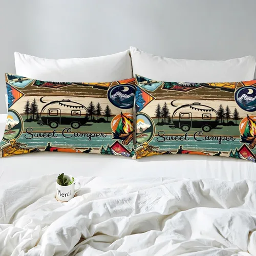 Vista 5 de Erosebridal Juego de funda de edredón de cabaña de cabaña, ropa de cama individual para niños, funda de edredón de campamento feliz, ropa de cama