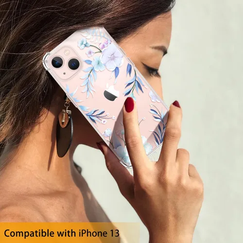 Vista 7 de Funda diseñada para iPhone 13 con protector de pantalla con patrón de flores, funda transparente para mujer, a prueba de golpes, funda protectora