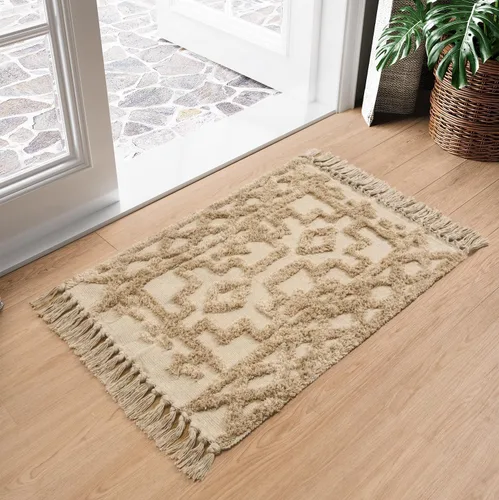 Vista 11 de Uphome Alfombra de Baño Bohemia de 2' x 3', Alfombras Pequeñas de Dormitorio Estilo Granja Lavables con Borlas, Tapetes de Baño Geométricos Beige
