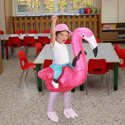 Vista 5 de Disfraz inflable de flamenco para niños, disfraz inflable de flamenco con sombrero de cubo rosa, divertido vestido elegante para Halloween, Navidad