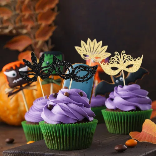 Vista 6 de 24 máscaras de mascarada, adornos para cupcakes, color negro y dorado con purpurina para despedida de soltera, para fiestas de cumpleaños, fiestas