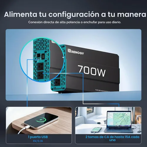 Vista 2 de Renogy - Inversor de onda Off-Grid Solar Power Inverters for Vehicles with GFCI AC Outlets, 5V/2.1A USB, Hardwire Port, Remote Controller, Surge