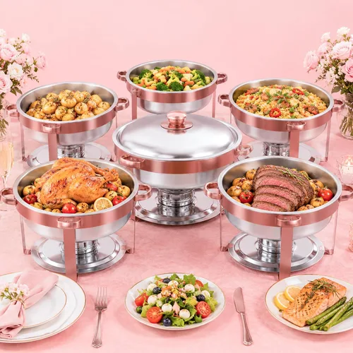 Vista 16 de IMACONE Juego de Bandejas Calentadoras de Buffet 4 Piezas, 5QT Redondas de Acero Inoxidable con Tapa de Vidrio para Catering, Conjuntos
