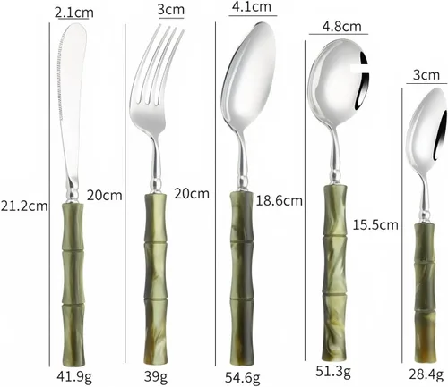 Vista 10 de Juego de cubiertos de 30 piezas para 6, juego de cubiertos de bambú de alta calidad con mango acrílico para el hogar, incluye tenedor, cuchillo